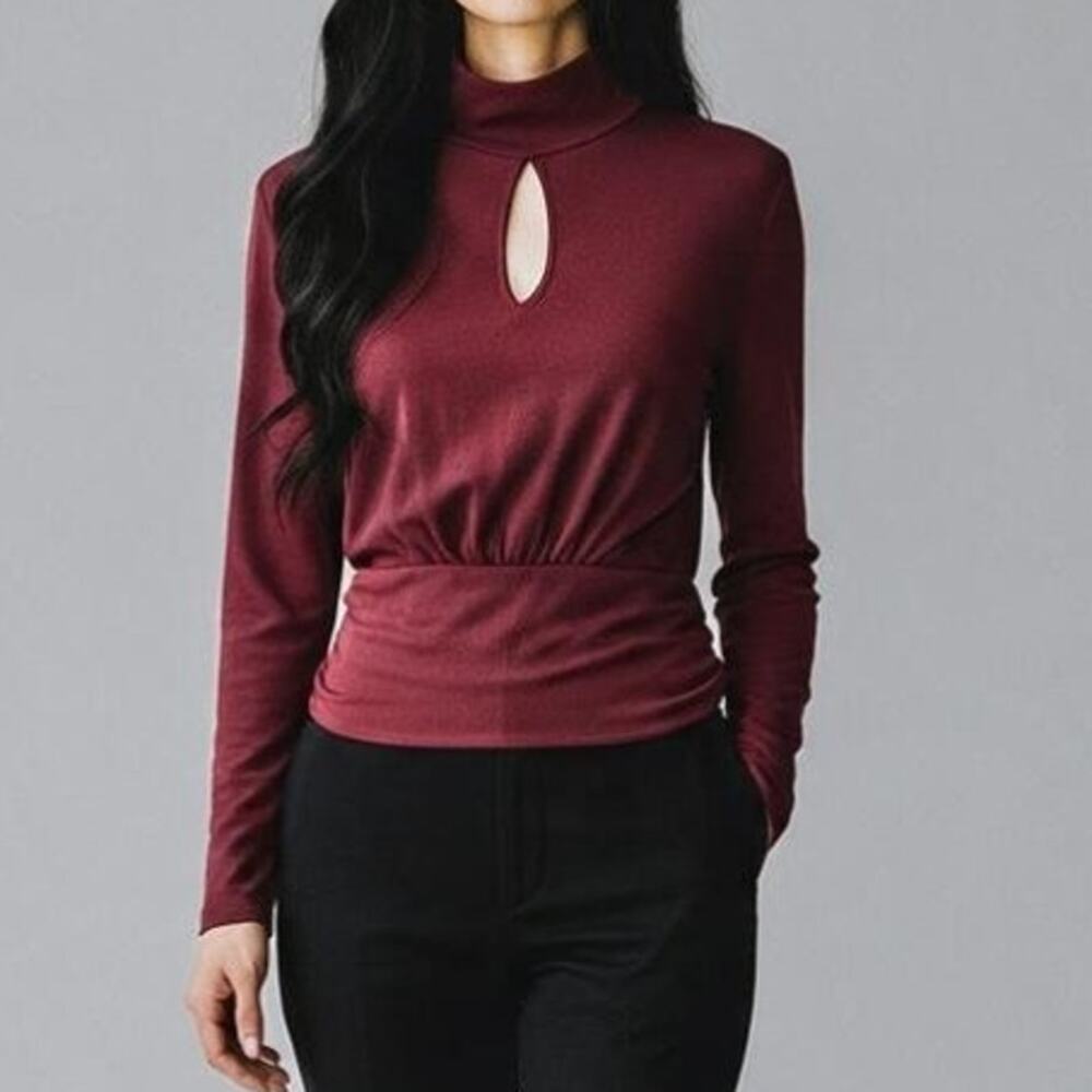 Burgundy Mock Neck Keyhole Front Long Sleeve Top Brea Canyon Size L NWT